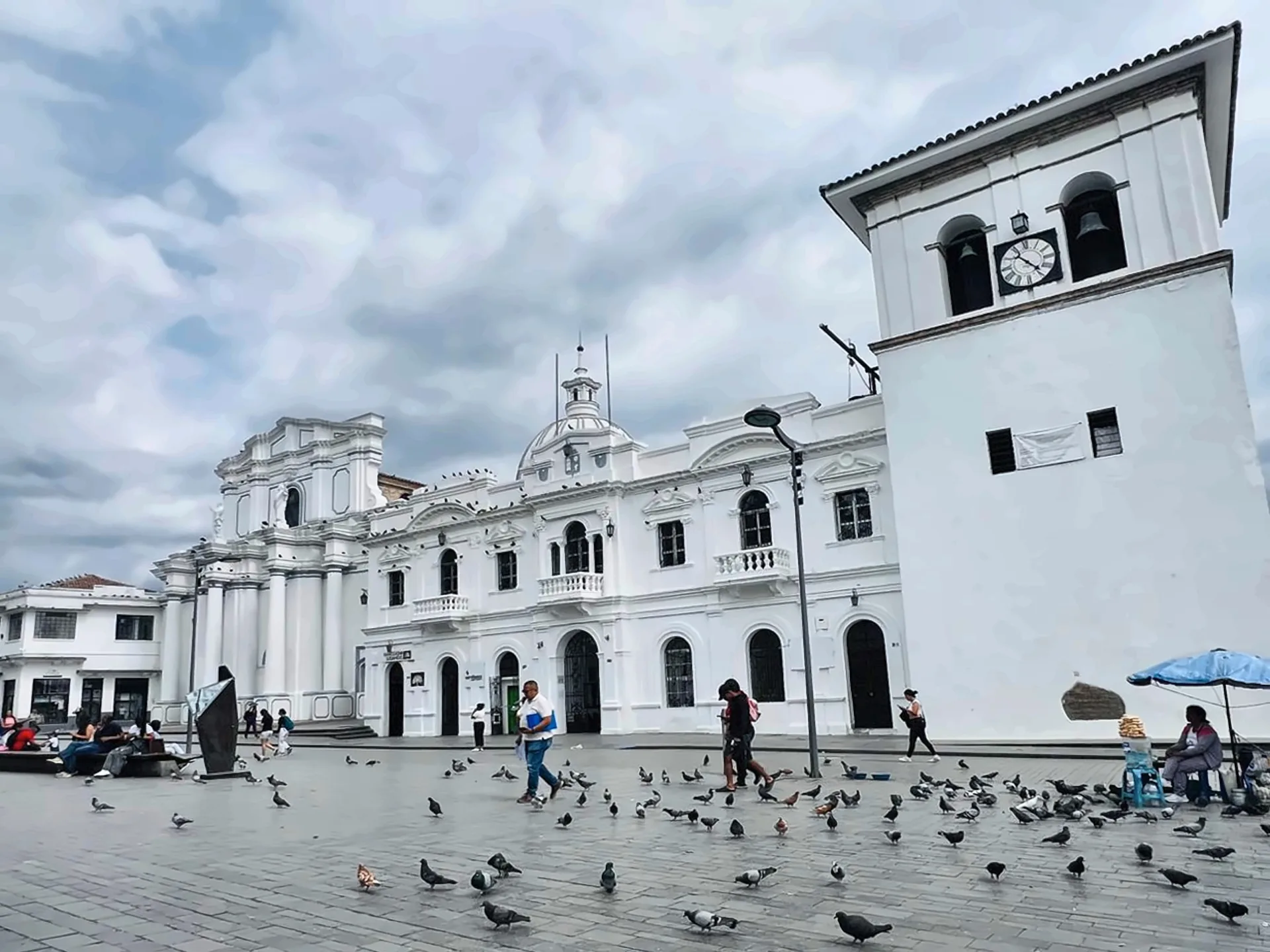 Clock Tower and white buildings in Popayán's historic center