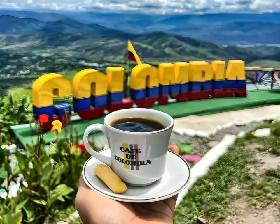 Taza de café colombiano frente a un mirador de montaña